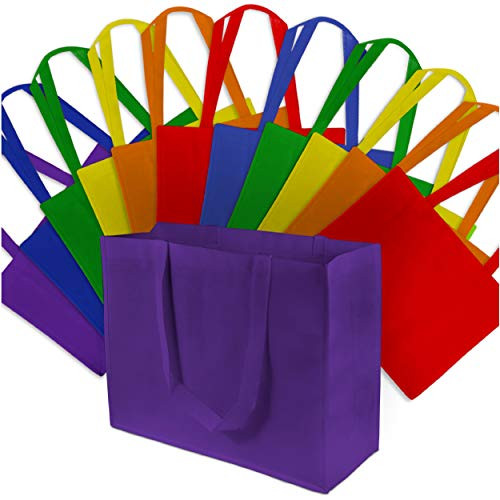 16x6x12" 12 Pcs. Large Multi Color Reusable Grocery Bags, Shopping Bags with Handles, Gift Bags, Merchandise Bags, Fabric Tote Bags, Foldable, Strong and Eco Friendly