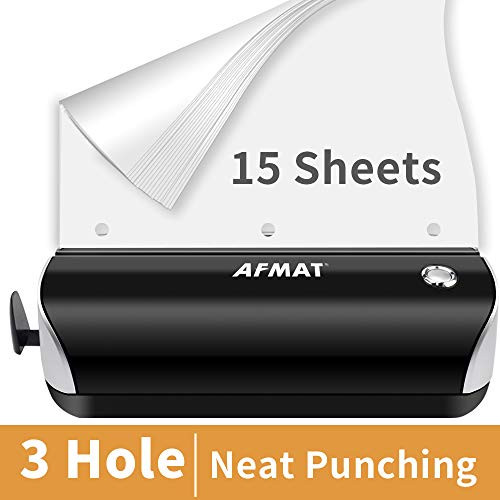 Electric 3 Hole Punch, AFMAT Electric Hole Punch Heavy Duty, 15-Sheet Paper Puncher, AC or Battery Operated 3 Hole Puncher, Effortless Punching, Long Lasting Paper Punch for Office School Studio,Black
