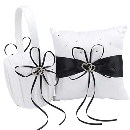 2 Heart Rhinestones Ivory/White/Blue, Red, Purple, Black Trimming Satin Large Wedding Ring Bearer Pillow and Basket Set (White with Black Trimming)