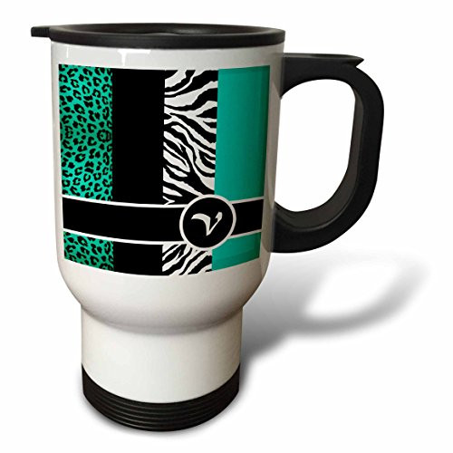 3dRose Elegant Animal Print Monogram Teal V Stainless Steel Travel Mug, 14-Ounce