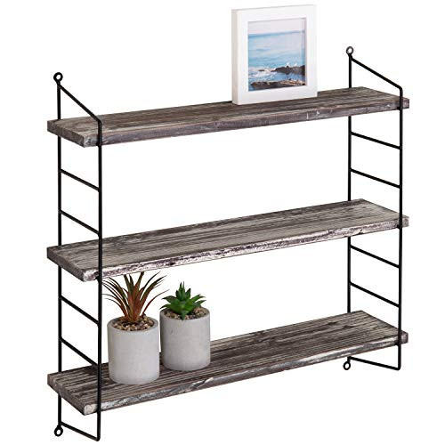 MyGift Wall-Mounted 3-Tier Torched Wood & Metal Adjustable Shelf
