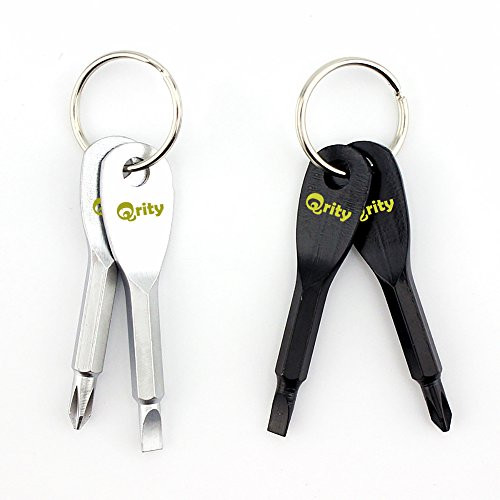 2x Qrity Mini Screwdriver Keyring Phillips and Flathead Tool, Chrome steel, Keychain Screwdriver Set