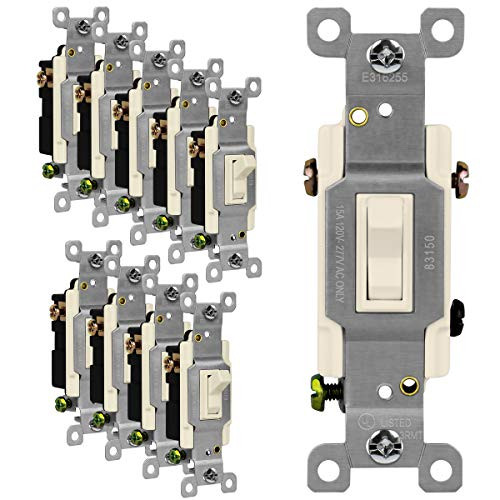 ENERLITES 3-Way Toggle Light Switch, Three Way, Push-In and Side Wiring, Copper Wire Only, Grounding Screw, Residential Grade, 15A 120-277V,UL Listed, 83150-LA-10PCS, Light Almond 10 Pack