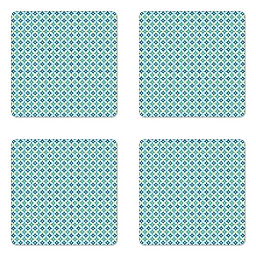 Ambesonne Mid Century Coaster Set of 4, Vintage Diamond Pattern with Argyle Backdrop Geometrical Lattice of Circles, Square Hardboard Gloss Coasters, Standard Size, Turquoise Teal