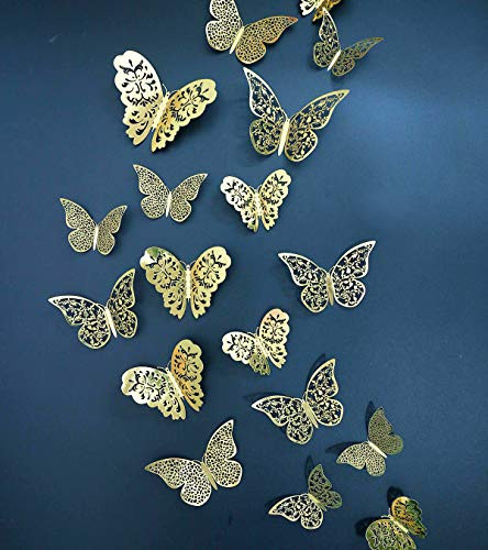 Eoorau 36PCS Gold Butterfly Wall Decals -3D Butterflies Stickers Removable Mural Decor for Kids Room, Party Decoration