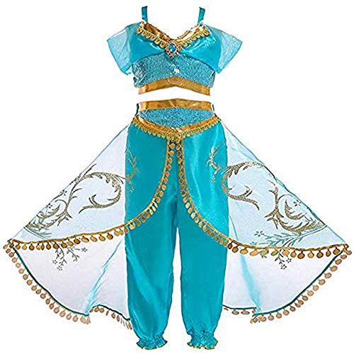 Princess Jasmine Costume for Girls Arabian Sequined Princess Cosplay Halloween Party Dress Up Green Princess Jasmine Costume for Girls Arabian Sequined Princess Cosplay Halloween Party Dress Up Green
