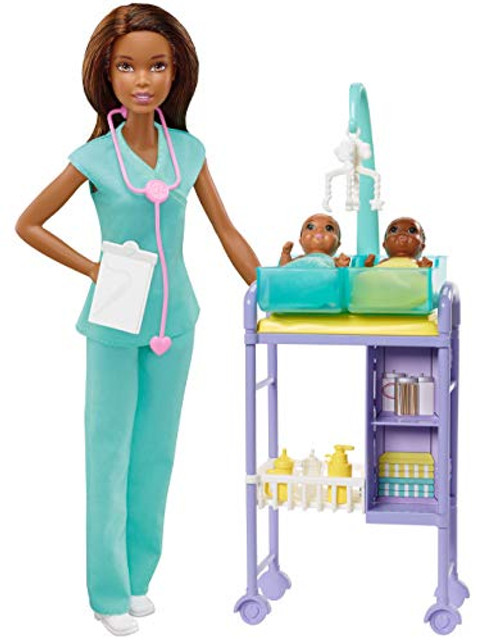 ?Barbie Baby Doctor Playset with Brunette Doll, 2 Infant Dolls, Exam Table and Accessories, Stethoscope, Chart and Mobile for Ages 3 and Up ?Barbie Baby Doctor Playset with Brunette Doll, 2 Infant Dolls, Exam Table and Accessories, Stethoscope, Chart and Mobile for Ages 3 and Up