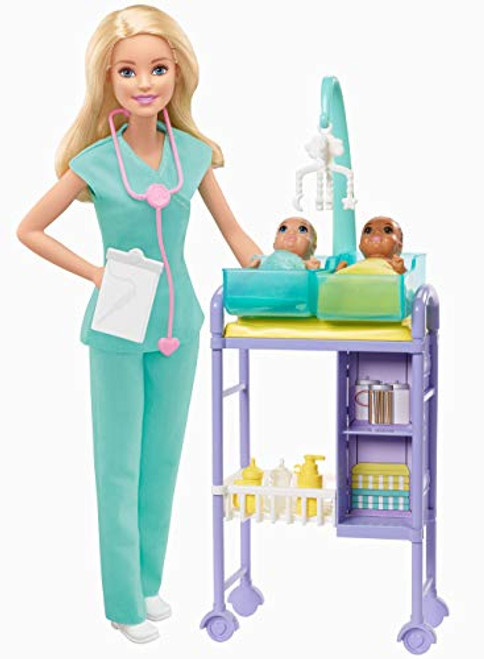?Barbie Baby Doctor Playset with Blonde Doll, 2 Infant Dolls, Exam Table and Accessories, Stethoscope, Chart and Mobile for Ages 3 and Up ?Barbie Baby Doctor Playset with Blonde Doll, 2 Infant Dolls, Exam Table and Accessories, Stethoscope, Chart and Mobile for Ages 3 and Up