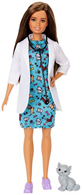 Barbie Pet Vet Brunette Doll with Career Pet-Print Dress, Medical Coat, Shoes and Kitty Patient for Ages 3 and Up ?, Multi Barbie Pet Vet Brunette Doll with Career Pet-Print Dress, Medical Coat, Shoes and Kitty Patient for Ages 3 and Up ?, Multi