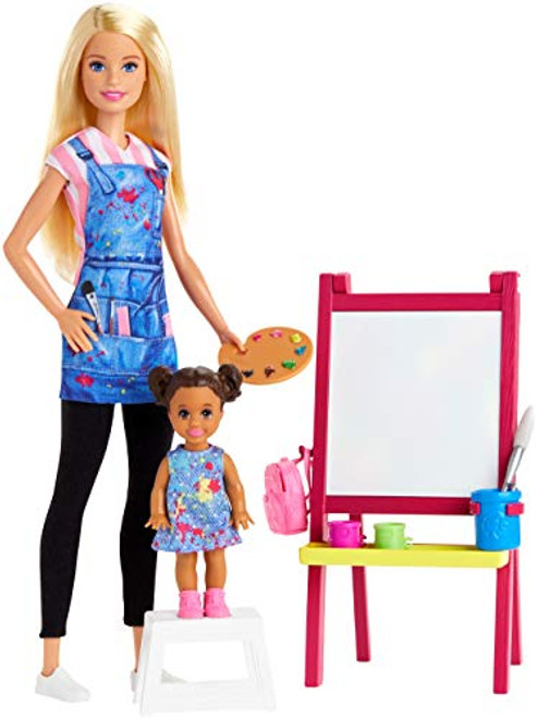 ?Barbie Art Teacher Playset with Blonde Doll, Toddler Doll, Easel with Color-Change Feature, Palette, Brush, Containers, Step Stool for Ages 3 and Up ?Barbie Art Teacher Playset with Blonde Doll, Toddler Doll, Easel with Color-Change Feature, Palette, Brush, Containers, Step Stool for Ages 3 and Up