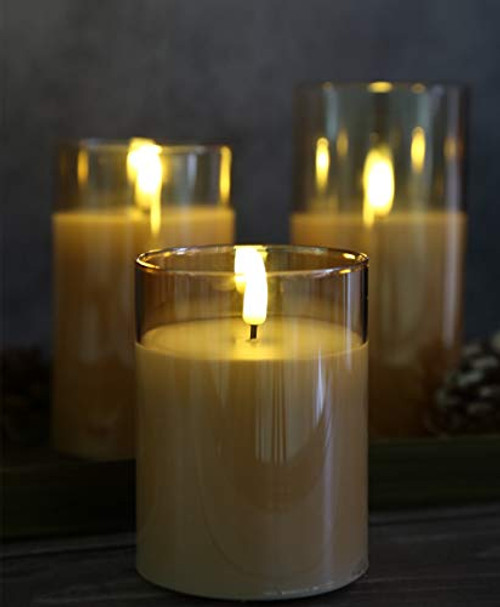 Eywamage Glass Flameless Candles with Remote Flickering Real Wax Wick LED Pillar Candles Battery Operated 3 Pack D 3" H 4" 5" 6" Gold Eywamage Glass Flameless Candles with Remote Flickering Real Wax Wick LED Pillar Candles Battery Operated 3 Pack D 3" H 4" 5" 6" Gold