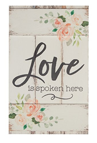 P. Graham Dunn Love Spoken Here Peach Floral Whitewash 10.5 x 17 Wood Barn Door Wall Plaque