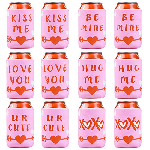 Tetor Valentine's Day Beer Can Coolers Sleeves - 12 Pack Can Insulated Covers for Valentine's Day Decorations Supplies - Neoprene Coolers for 12-Ounce Canned Beverages, Bottle, Drink