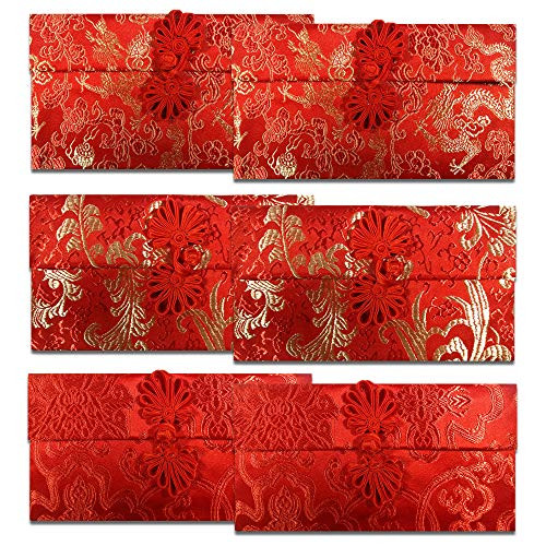 6 Pack Silk Chinese Red Envelopes, Chinese New Year Hongbao, Lucky Money Pockets for New Year, Spring Festival, Wedding, Birthday