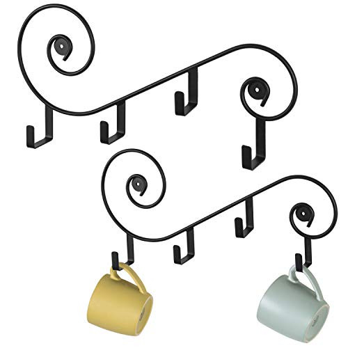 MyGift Set of 2 Vintage Scrollwork Design Wall Mounted Metal Mug Hook Air Drying Rack, Black