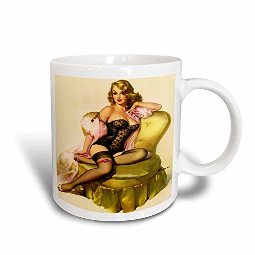 3dRose 204079_3""Print Of Elvgren Pinup With Champagne" Mug 11 oz Black/White