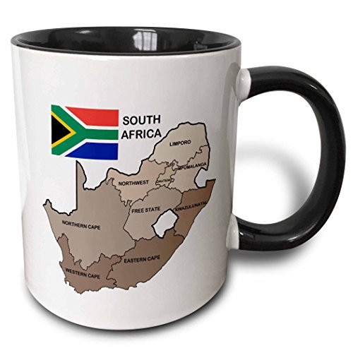 3dRose 99132_4 Political map and flag of South Africa with all the provinces identified by name Two Tone Mug, 11 oz, Black/White
