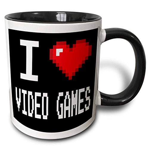 3dRose 118950_4"Geeky Old School Pixels 8-Bit I Heart I Love Video Games Two Tone Mug, 11 oz, Black/White