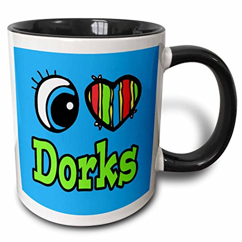 3dRose 106031_4 Bright Eye Heart I Love Dorks Two Tone Mug, 11 oz, Black/White