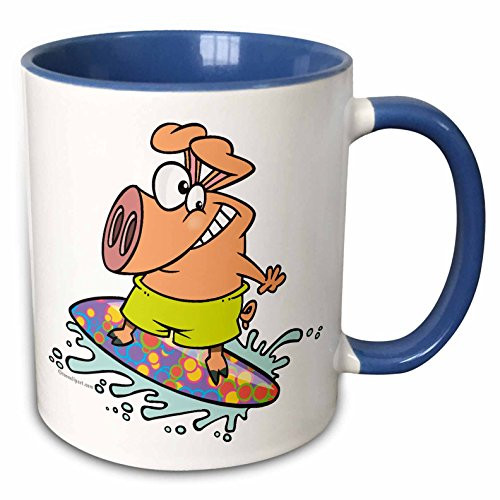 3dRose 103954_6 Cute Silly Surfer Surfing Piggy Pig Two Tone Mug 11 oz Blue/White