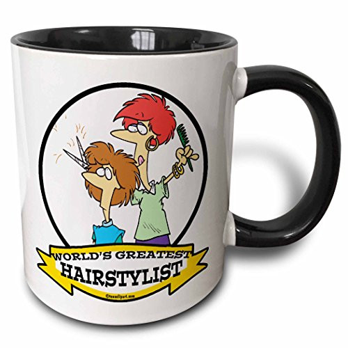 3dRose 103241_4 Funny Worlds Greatest Hairstylist Cartoon Two Tone Mug, 11 oz, Black/White