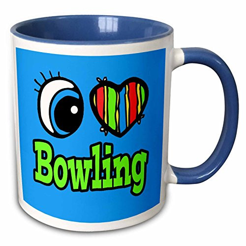 3dRose 105897_6 Bright Eye Heart I Love Bowling Two Tone Mug, 11 oz, Blue/White