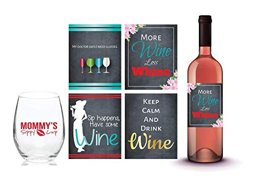Mommys Sippy Cup 10 Ounce Stemless Wine Glass with 4 Funny Motherhood Wine Bottle Labels, Unique Funny Saying Stemless Wine Glass, Whisky, Vodka, Rum Bottle Set (Mommy Wine Therapy) Mommys Sippy Cup 10 Ounce Stemless Wine Glass with 4 Funny Motherhood Wine Bottle Labels, Unique Funny Saying Stemless Wine Glass, Whisky, Vodka, Rum Bottle Set (Mommy Wine Therapy)