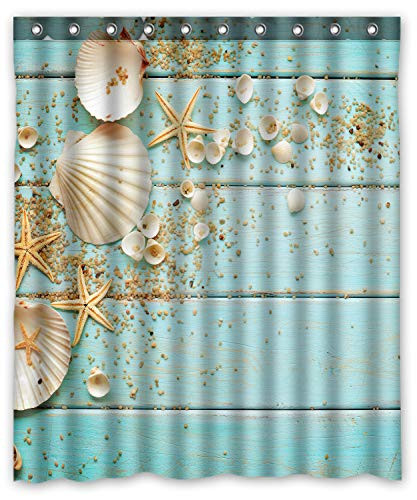 KXMDXA Seashells Frame On Wooden Background Shower Curtain Polyester Fabric Shower Curtain Size 60 X 72 Inch