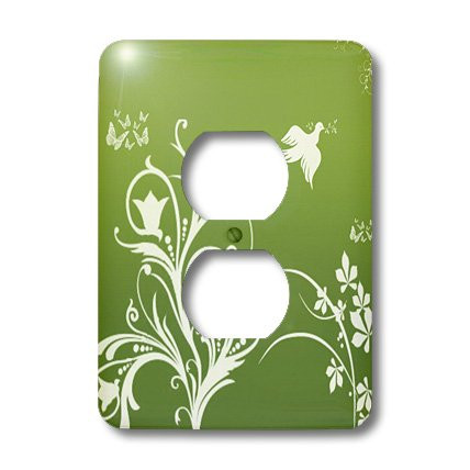 3dRose lsp_36118_6 Two Plug Outlet Cover with Floral Pattern in White on a Tree, Green Background with Dove and Butterflies.
