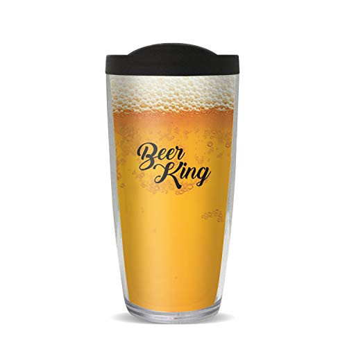 Beer King Insulated 16 Oz Clear Travel Tumbler Mug with Black Lid