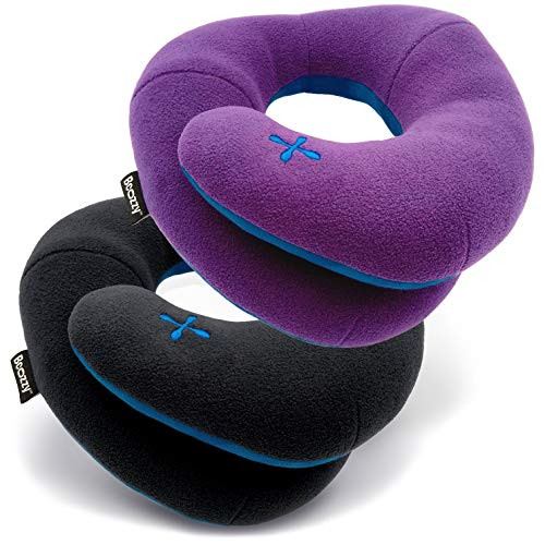 BCOZZY Chin Supporting Travel Pillow- Keeps The Head from Falling Forward- Comfortably Supports The Head, Neck and Chin in Any Sitting Position. Adult Size, Set of 2, Black + Purple