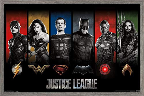 Trends International DC Comics Movie - Justice League - Heroes and Logos Wall Poster, 14.725" x 22.375", Barnwood Framed Version