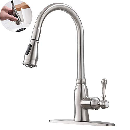 Friho Modern Single Handle High Arc Pull Down Sprayer Brushed Nickel Kitchen Faucet,Single Level Stainless Steel Kitchen Sink Faucets with Pull Out Sprayer With Deck Plate