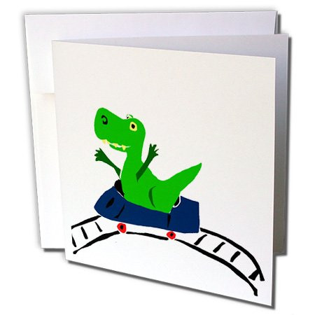 3dRose Greeting Cards, 6 x 6 Inches, Pack of 12, Funny Green T-Rex Dinosaur on Roller Coaster (gc_196248_2)