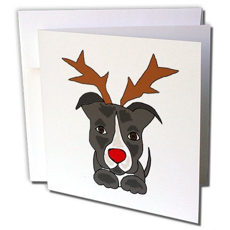 Funny Pitbull Dog Dressed as Rudolph Red Nosed Reindeer - Greeting Cards, 6 x 6 inches, set of 6 (gc_220488_1)