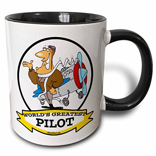 3dRose 103443_4 Funny Worlds Greatest Pilot II Occupation Job Cartoon Ceramic Mug, 11oz, Black/White