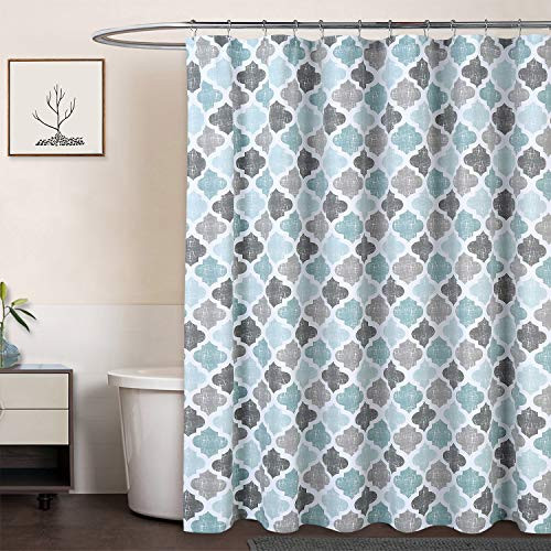 CAROMIO Geometric Quatrefoil Patterned Modern Poly-Cotton Stall Fabric Shower Curtain for Bathroom, Aqua/Mint/Grey, 35x72 Inches