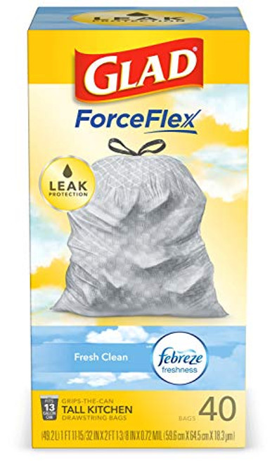 Glad Tall Kitchen Drawstring Trash Bags - OdorShield 13 Gallon Grey Trash Bag, Febreze Fresh Clean - 40 Count Glad Tall Kitchen Drawstring Trash Bags - OdorShield 13 Gallon Grey Trash Bag, Febreze Fresh Clean - 40 Count