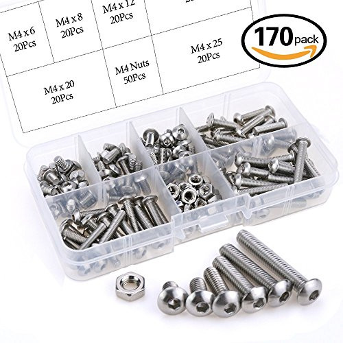WINGONEER 170Pcs M4 304 Stainless Steel Allen Hex Drive Button Head Socket Cap Bolts Screws Nuts Assortment Kit (M4)