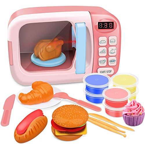 GrowthPic Kitchen Toy Microwave for Kids Electronic Pretend Play Oven Toy Play Set with Play Food and Play Dough for Toddler Boys and Girls 2 3 4 5 6 Years Old - Pink