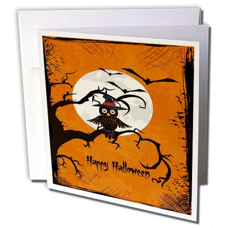 3dRose Halloween Owl on A Tree Branch with Moon & Bats Greeting Cards, 6" x 6", Set of 6 (gc_65456_1)