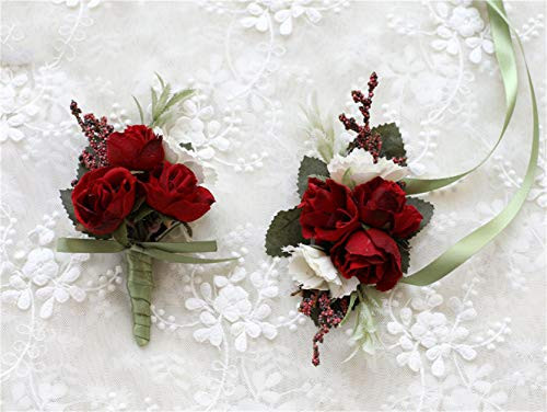Flonding Rose Wedding Wrist Corsage and Boutonniere Set Party Prom Hand Ribbon Flower Suit Decor (Red)