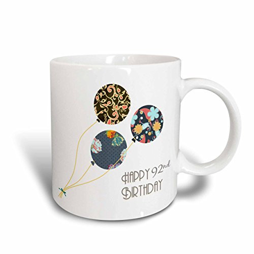 3dRose mug_162033_1 Happy 92nd Birthday Modern stylish floral Balloons Elegant black brown blue 92 year old Bday Ceramic Mug, 11 oz, White