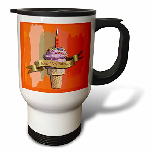 3dRose Happy 95th Birthday, Strawberry Ice Cream Cone on Orange, Stainless Steel Travel Mug, 14-Oz
