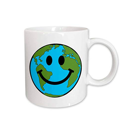 3dRose Happy Earth Smiley Face, Smiling Planet Globe Eco Green Smile World Peace, Ceramic Mug, 11-Oz