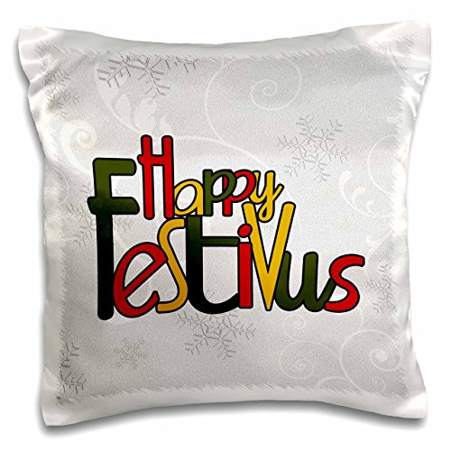 3dRose Happy Festivus in Red, Gold and Green with a Frosty Snowflake Background in Silver and White - Pillow Case, 16 by 16-inch (pc_101842_1)