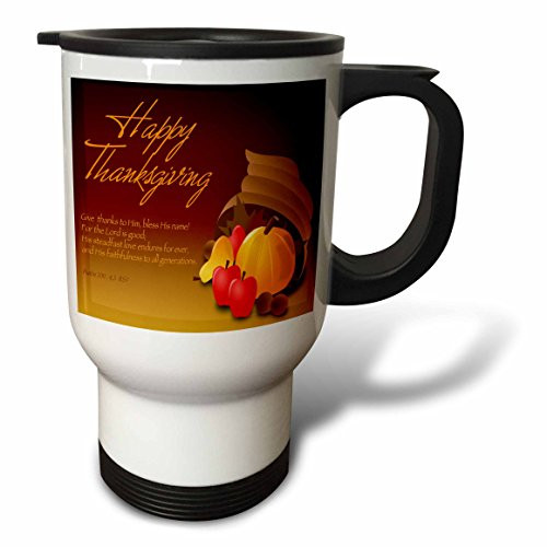 3dRose Happy Thanksgiving Cornucopia with Bible Verse Psalm 100 Stainless Steel Travel Mug, 14-Ounce