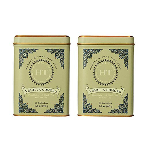 Harney & Son's Vanilla Comoro Tea Tin 20 Sachets (1.4 oz ea, Two Pack) - Decaf Black Tea Blend with Vanilla - 2 Pack 20ct Sachet Tins (40 Sachets)