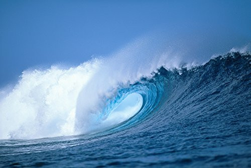 Hawaii Powerful Curling Wave Side Angle View Whitewash And Spray Blue Sky Poster Print (19 x 12)