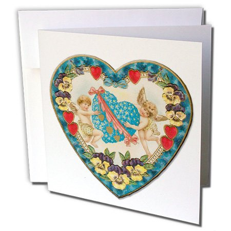 3dRose Heart Shaped Victorian Valentine with a Blue Heart and Cupids - Greeting Cards, 6 x 6 inches, set of 12 (gc_169995_2)